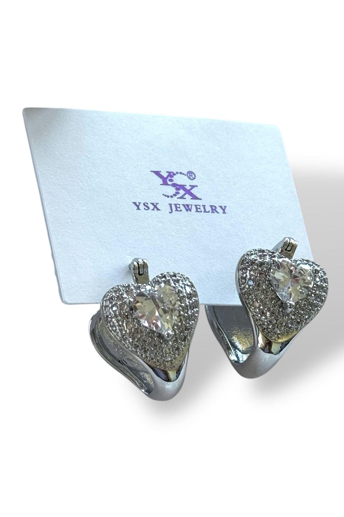 Gümüş Renk Kalp Figürlü Taş Detaylı YSX Küpe (Çift)