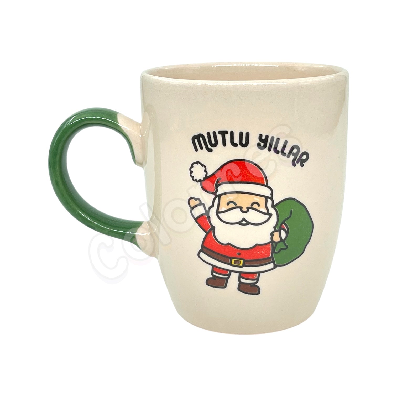 Mutlu Yıllar Noel Baba - Yeşil Kulplu Oval Krem Kupa