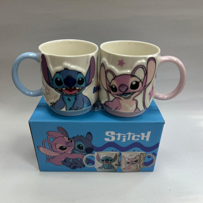 Stitch Ve Angel Çift Kabartma Seramik Kupa Seti