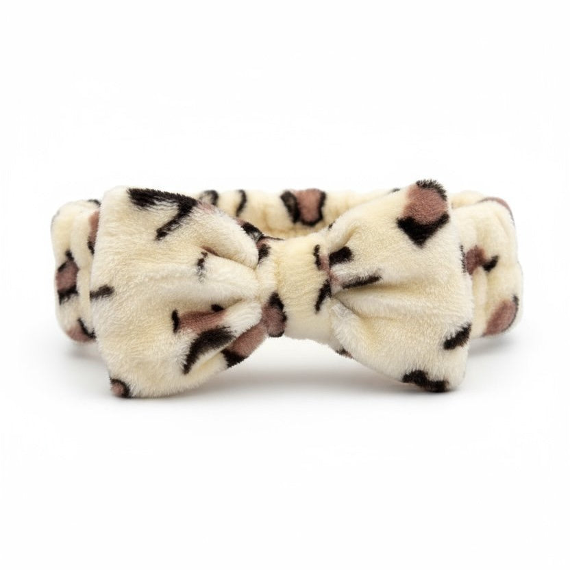 Krem Kahve Kurdele Leopar Desenli Peluş Saç Bandı