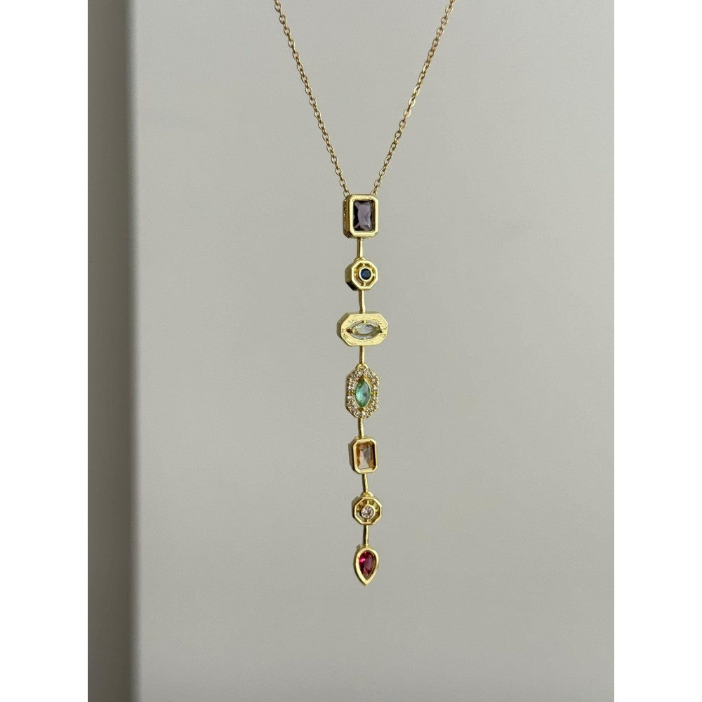 Zirkon Taş Detaylı Y Kolye Gold